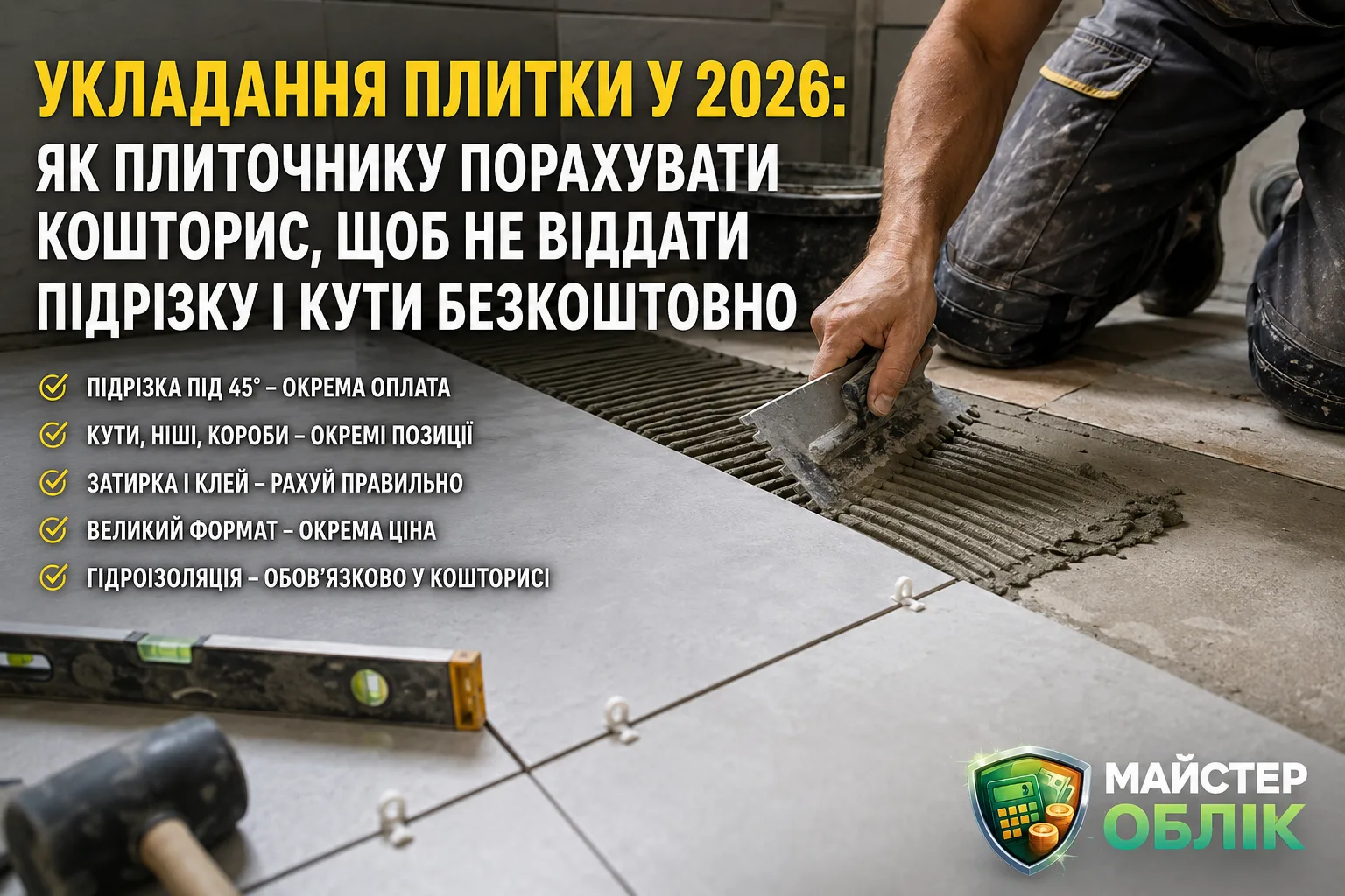 Укладання плитки у 2026: як плиточнику порахувати кошторис, щоб не віддати підрізку і кути безкоштовно — зображення 1